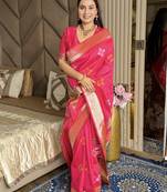 Hot pink woven zari buti & peacock pallu work silk blend fabric traditional festive style paithani style saree