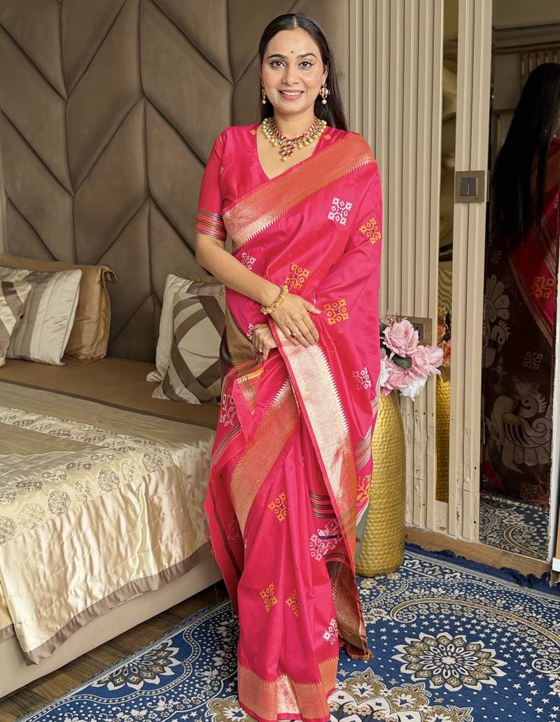 Hot pink woven zari buti & peacock pallu work silk blend fabric traditional festive style paithani style saree