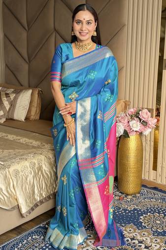 Teal woven zari buti & peacock pallu work silk blend fabric traditional festive style paithani style saree