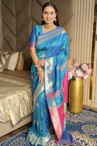 Teal woven zari buti & peacock pallu work silk blend fabric traditional festive style paithani style saree