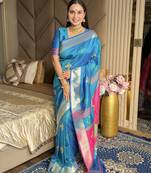 Teal woven zari buti & peacock pallu work silk blend fabric traditional festive style paithani style saree