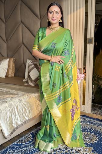 Light lime woven zari buti & peacock pallu work silk blend fabric traditional festive style paithani style saree