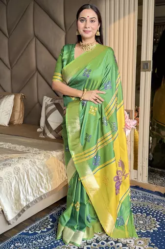 Light lime woven zari buti & peacock pallu work silk blend fabric traditional festive style paithani style saree