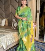 Light lime woven zari buti & peacock pallu work silk blend fabric traditional festive style paithani style saree