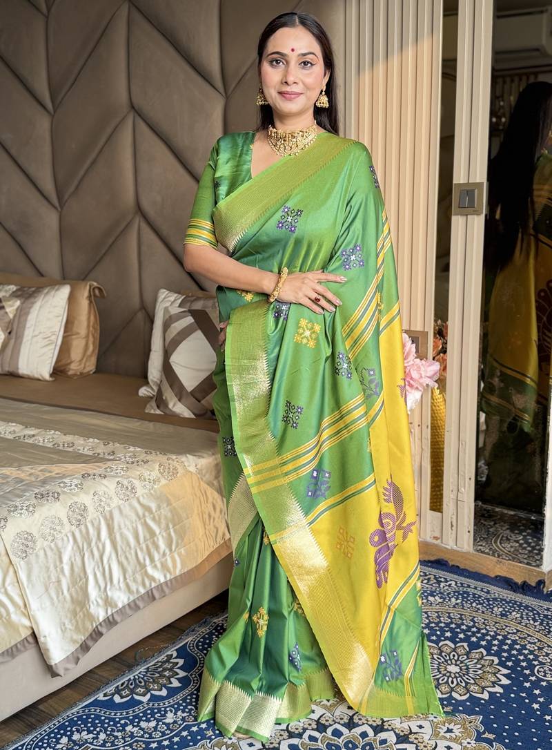 Light lime woven zari buti & peacock pallu work silk blend fabric traditional festive style paithani style saree