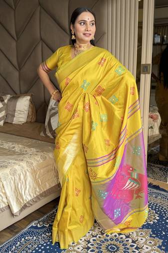 Yellow woven zari buti & peacock pallu work silk blend fabric traditional festive style paithani style saree