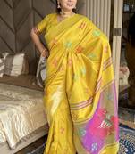 Yellow woven zari buti & peacock pallu work silk blend fabric traditional festive style paithani style saree