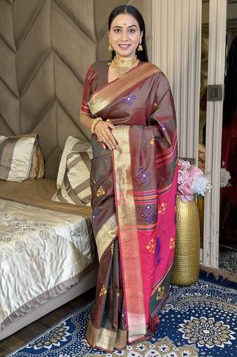Chocolate woven zari buti & peacock pallu work silk blend fabric traditional festive style paithani style saree
