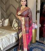 Chocolate woven zari buti & peacock pallu work silk blend fabric traditional festive style paithani style saree