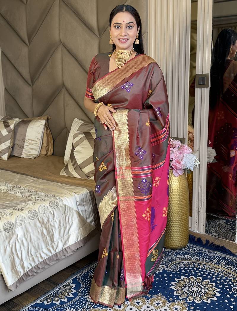 Chocolate woven zari buti & peacock pallu work silk blend fabric traditional festive style paithani style saree
