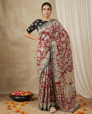 Maroon heavy woven zari floral & traditional motifs work silk blend fabric traditional grand festive style 1