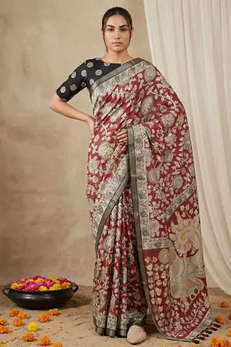 Maroon heavy woven zari floral & traditional motifs work silk blend fabric traditional grand festive style