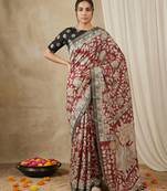 Maroon heavy woven zari floral & traditional motifs work silk blend fabric traditional grand festive style