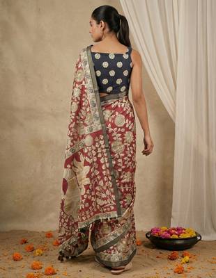 Maroon heavy woven zari floral & traditional motifs work silk blend fabric traditional grand festive style 2