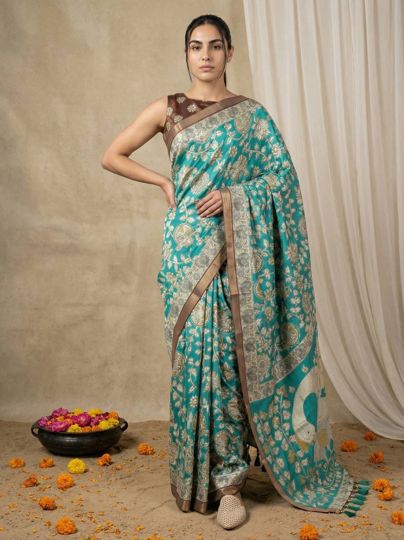 Sea green heavy woven zari floral & traditional motifs work silk blend fabric traditional grand festive