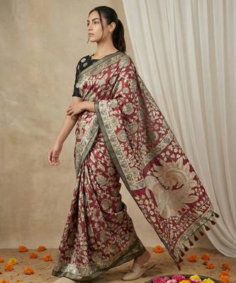 Maroon heavy woven zari floral & traditional motifs work silk blend fabric traditional grand festive style 4