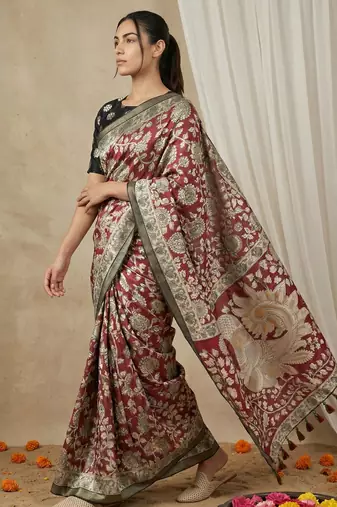 Maroon heavy woven zari floral & traditional motifs work silk blend fabric traditional grand festive style