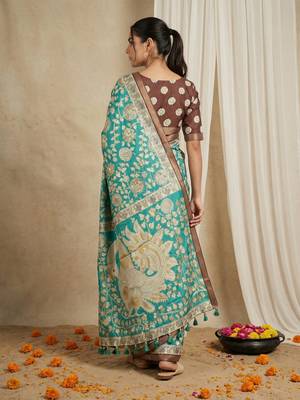Sea green heavy woven zari floral & traditional motifs work silk blend fabric traditional grand festive 2