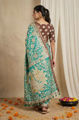 Sea green heavy woven zari floral & traditional motifs work silk blend fabric traditional grand festive