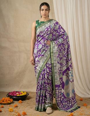 Purple heavy woven zari floral & traditional motifs work silk blend fabric traditional grand festive style 1