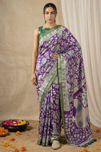 Purple heavy woven zari floral & traditional motifs work silk blend fabric traditional grand festive style