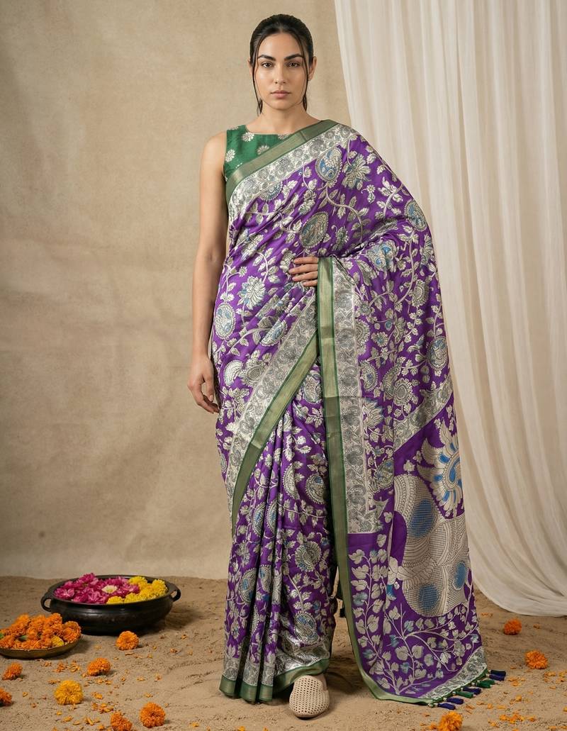 Purple heavy woven zari floral & traditional motifs work silk blend fabric traditional grand festive style