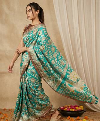 Sea green heavy woven zari floral & traditional motifs work silk blend fabric traditional grand festive 3