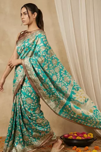 Sea green heavy woven zari floral & traditional motifs work silk blend fabric traditional grand festive