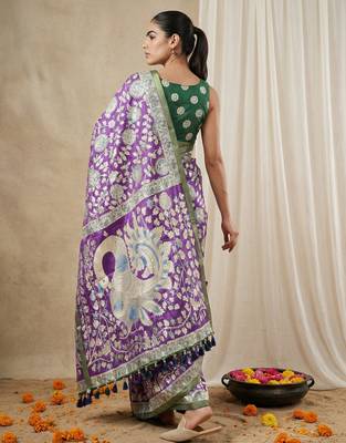 Purple heavy woven zari floral & traditional motifs work silk blend fabric traditional grand festive style 2