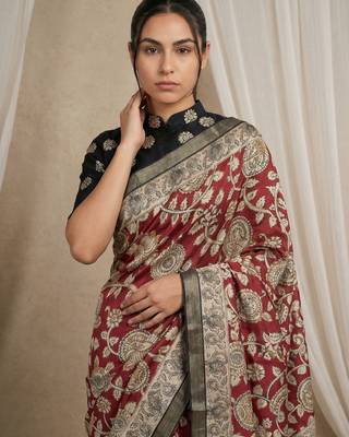 Maroon heavy woven zari floral & traditional motifs work silk blend fabric traditional grand festive style 5