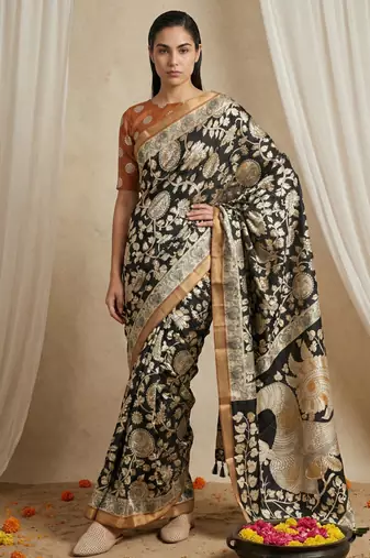 Black heavy woven zari floral & traditional motifs work silk blend fabric traditional grand festive style