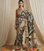 Black heavy woven zari floral & traditional motifs work silk blend fabric traditional grand festive style