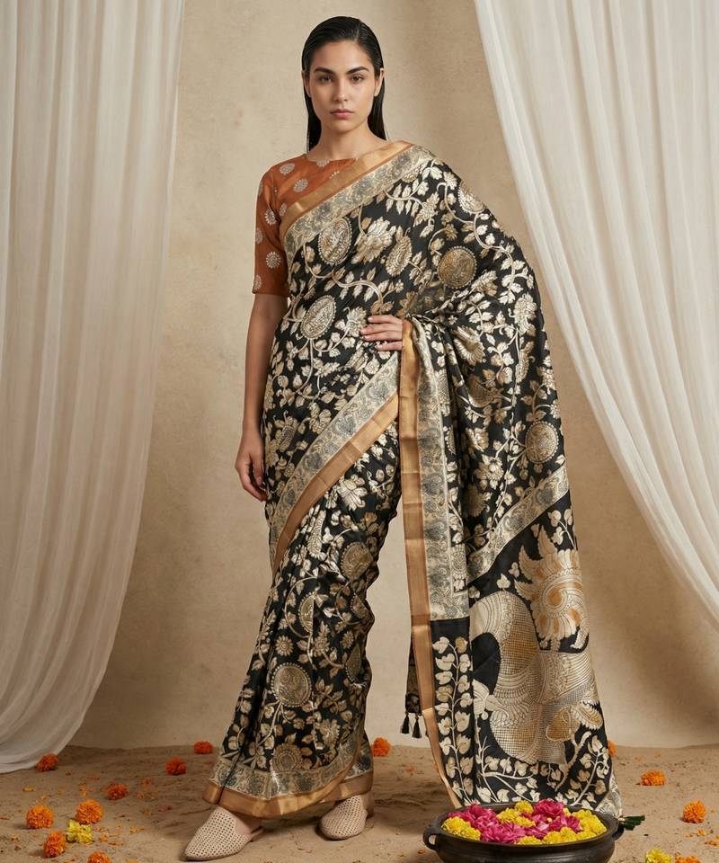 Black heavy woven zari floral & traditional motifs work silk blend fabric traditional grand festive style