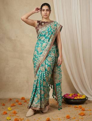 Sea green heavy woven zari floral & traditional motifs work silk blend fabric traditional grand festive 4