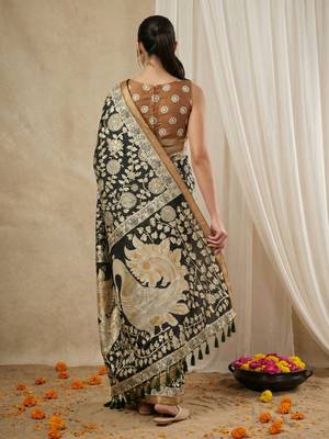 Black heavy woven zari floral & traditional motifs work silk blend fabric traditional grand festive style 2