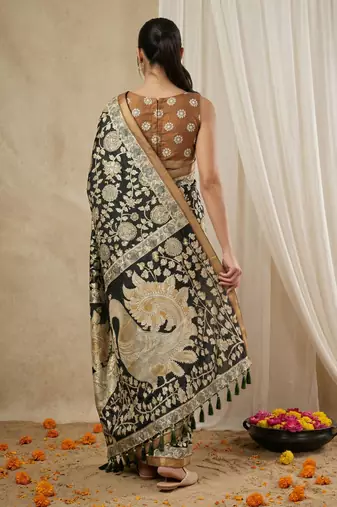 Black heavy woven zari floral & traditional motifs work silk blend fabric traditional grand festive style