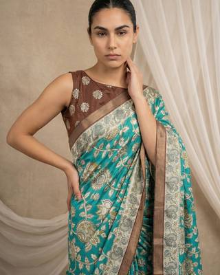 Sea green heavy woven zari floral & traditional motifs work silk blend fabric traditional grand festive 5