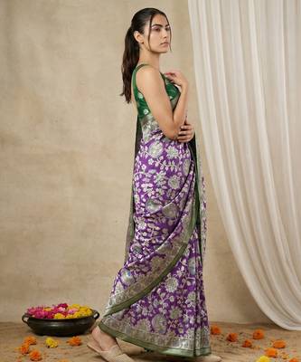 Purple heavy woven zari floral & traditional motifs work silk blend fabric traditional grand festive style 3