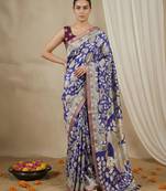 Light blue heavy woven zari floral & traditional motifs work silk blend fabric traditional grand festive style