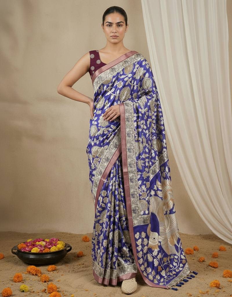 Light blue heavy woven zari floral & traditional motifs work silk blend fabric traditional grand festive style