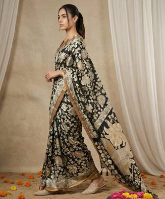 Black heavy woven zari floral & traditional motifs work silk blend fabric traditional grand festive style 3