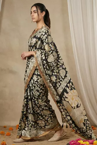 Black heavy woven zari floral & traditional motifs work silk blend fabric traditional grand festive style