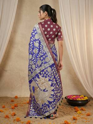 Light blue heavy woven zari floral & traditional motifs work silk blend fabric traditional grand festive style 2