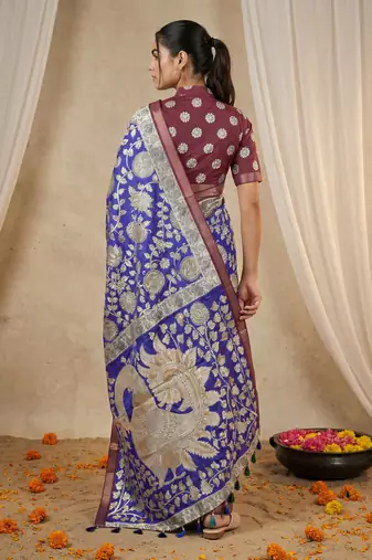 Light blue heavy woven zari floral & traditional motifs work silk blend fabric traditional grand festive style