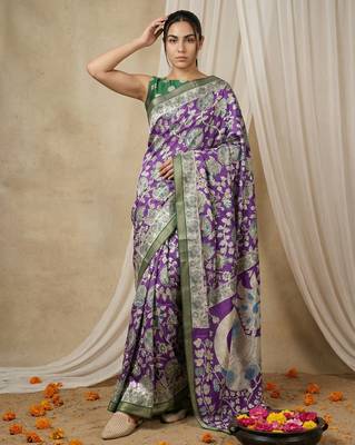 Purple heavy woven zari floral & traditional motifs work silk blend fabric traditional grand festive style 4