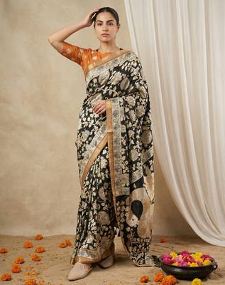 Black heavy woven zari floral & traditional motifs work silk blend fabric traditional grand festive style 4