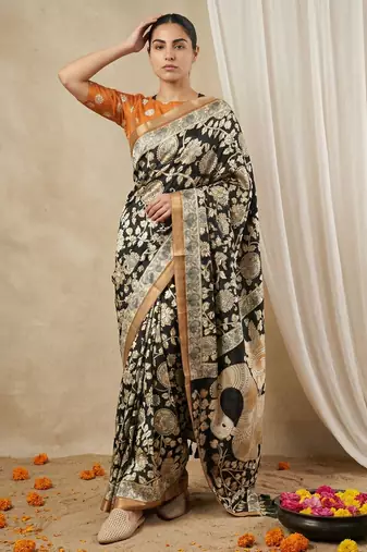 Black heavy woven zari floral & traditional motifs work silk blend fabric traditional grand festive style