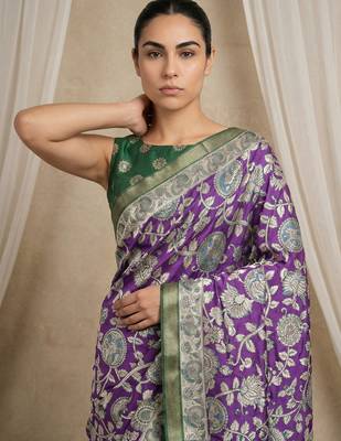 Purple heavy woven zari floral & traditional motifs work silk blend fabric traditional grand festive style 5