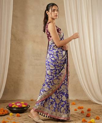 Light blue heavy woven zari floral & traditional motifs work silk blend fabric traditional grand festive style 3