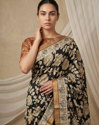 Black heavy woven zari floral & traditional motifs work silk blend fabric traditional grand festive style 5